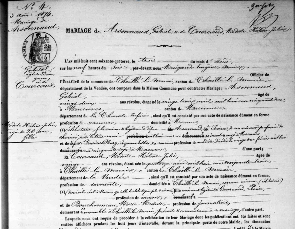 1874 Mariage ARSONNAUD Gabriel x COURCAUD Modeste - 1ere partie